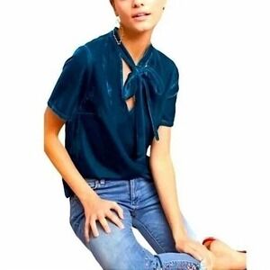 Anthropologie Blue Velvet Top Womens XS Dark Fairy Whimsigoth Tie Front Romantic